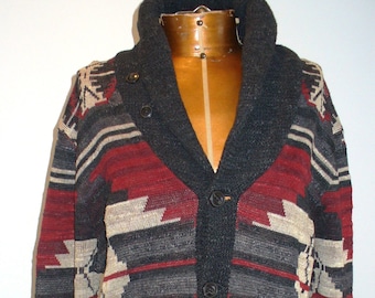 Vintage Ralph Lauren Indian Motif Shawl Collar Cotton Sweater Size L