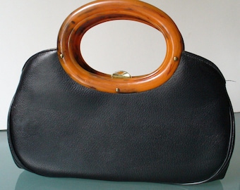 Vintage Black Leather Handbag With Lucite Handles