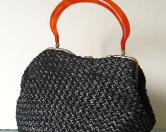 Vintage Black Crocheted Raffia  Handbag