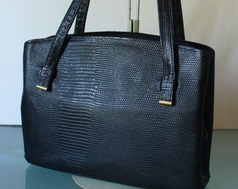 Vintage Rolfs Black Leather Lizard Texture Handbag With Brass Accents