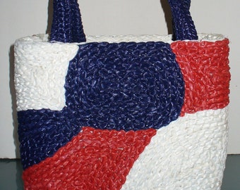 Vintage Red White Blue  Straw Tote Bag Made in Japan