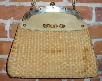 Vintage Continental Handmade Preppy Straw & Leather Handbag