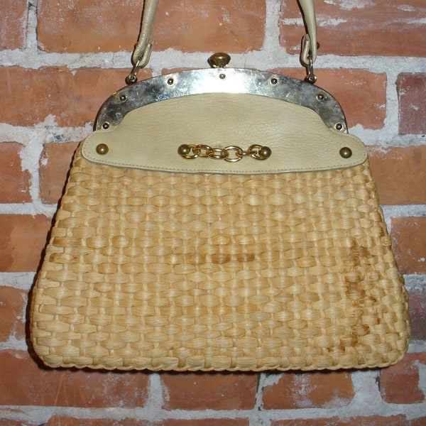 Vintage Continental Handmade Preppy Straw & Leather Handbag