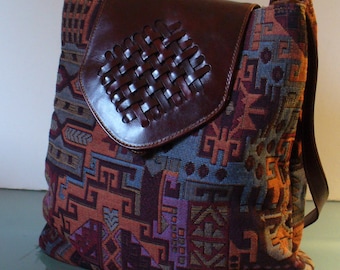 Vintage Tapestry Fabric And Leather Shoulder Bag