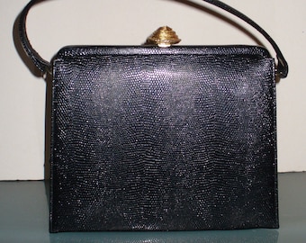 Vintage Theodor Black Lizard Texture Handbag With Brass Accents