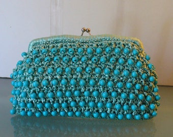 Vintage Robin Egg Blue Raffia Clutch With Bead Accents