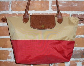 Longchamp Khaki & Cherry Red Les Pliages Shopper Tote Bag Made in France