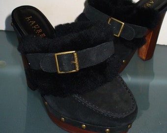 Ralph Lauren Suede and Wood Black Clogs Size 6.5 M US