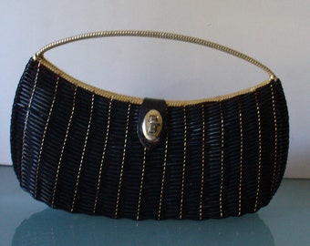 Vintage Gold & Black Vinyl Wicker  Bag Purse