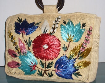 Vintage Straw Tote With Flower Detail