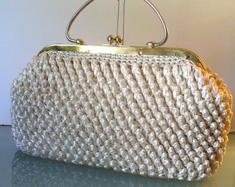 Vintage Simon Large Raffia Handbag With Brass Handle Made in Japan