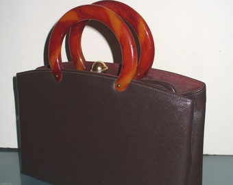 Vintage Empress Brown Leather Handbag With Lucite Handles