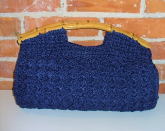 Vintage Navy  Raffia Handbag With Bamboo Handle By ADG