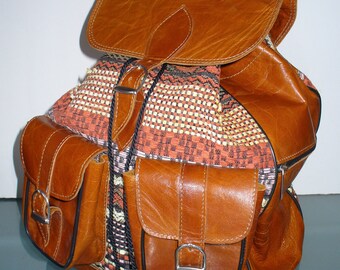 Vintage Heavy Leather & Brocade  Extra Large Backpack