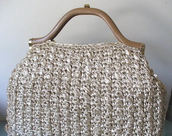Vintage Large Taupe Raffia Handbag With Vinyl Handle