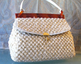 Vintage Large Cream Raffia Handbag With Lucite trim
