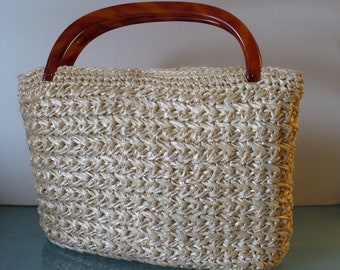Vintage Large Cream Raffia Handbag With Lucite Handle