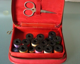 Vintage Red Leather Sewing Kit Case