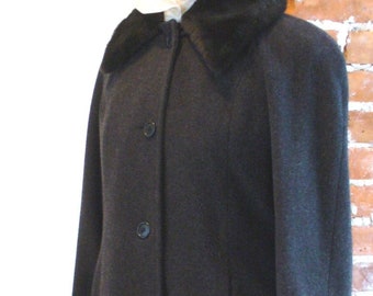 Perry Ellis Grey Wool Full Length Princess Style Coat With Faux Beaver Trim