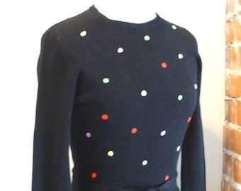 VIntage Polka Dot Black Wool Knit Dress Size 10