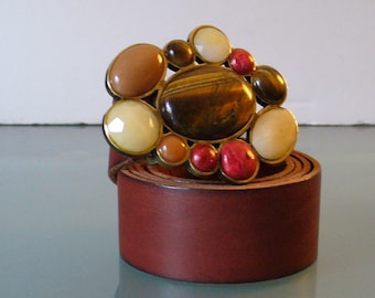 Vintage Fossil Cabuchon Brass Buckle Leather Belt Size M