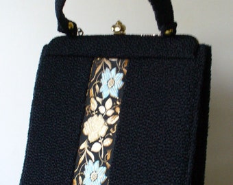 Vintage Boucle Tall Black Hand Bag 1950's