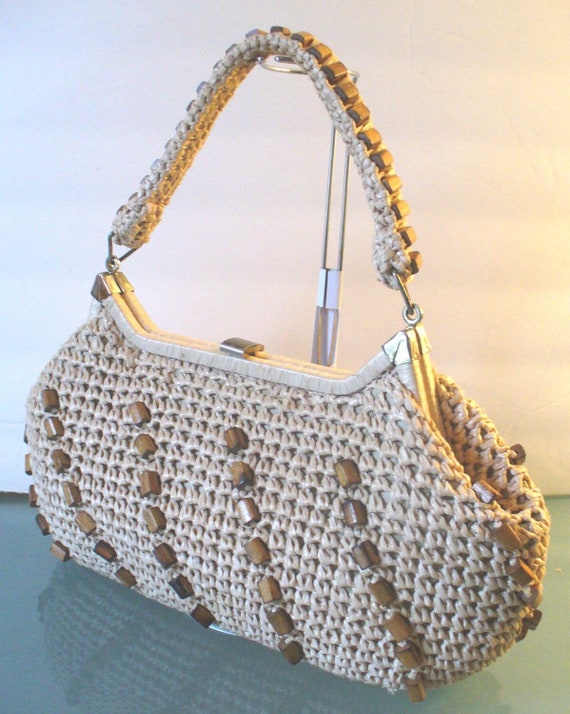 Vintage Raffia Handbag With Wood Bead Detail