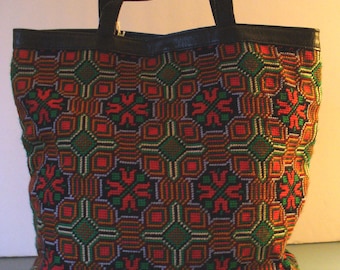 Vintage Needlepoint  And Leather Feed Bag Purse