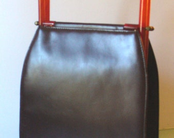 Vintage Tall Chocolate Brown Leather Handbag with Amber Lucite Handles