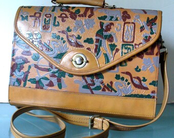 Vintage Egyptian Themed Tooled Leather Messenger Bag