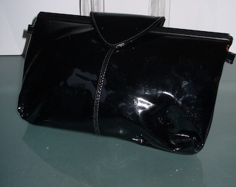 Vintage Etra Black Patent Leather Gate Mouth Clutch Bag