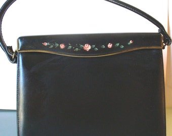 Vintage Black Etra Handbag With Hand Painted Rose Details