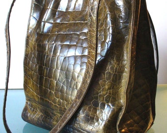 Olive Drab Faux Alligator Leather Tote Bag