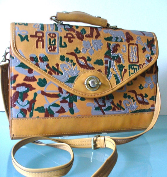 Vintage Egyptian Themed Tooled Leather Messenger … - image 4