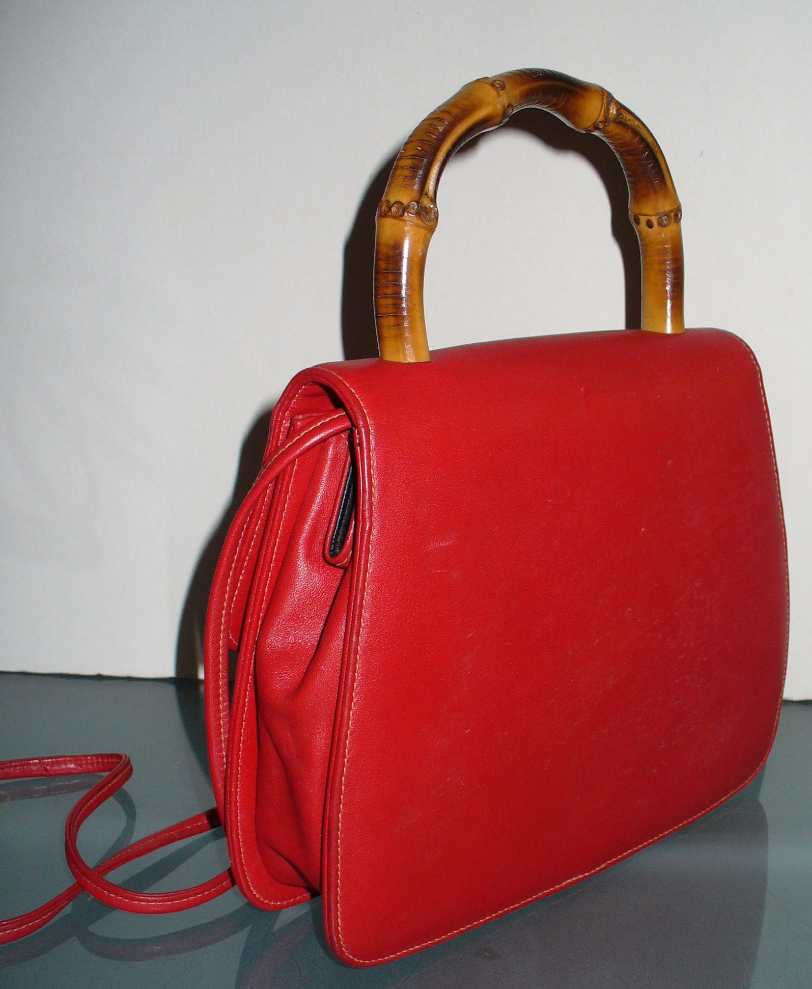 Vintage Susan Gail Original Red Leather Bag With Bamboo Detail