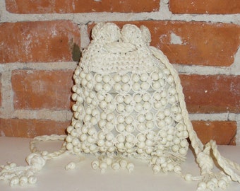 Vintage  Macrame Beaded Cream Bag