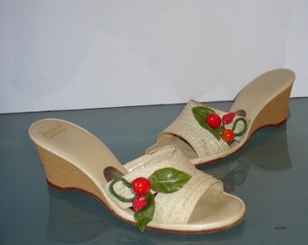 Vintage Joyce California Straw with Cork Wedge Sandals Size 8 N