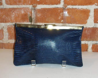 Vintage Etra Royal Blue Lizard Embossed Leather Folding Clutch Bag