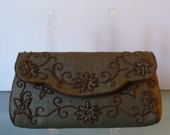 Vintage H A & E Smith LTD Bermuda Beaded  Linen Clutch