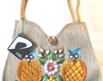 Vintage Straw Tote With Owls