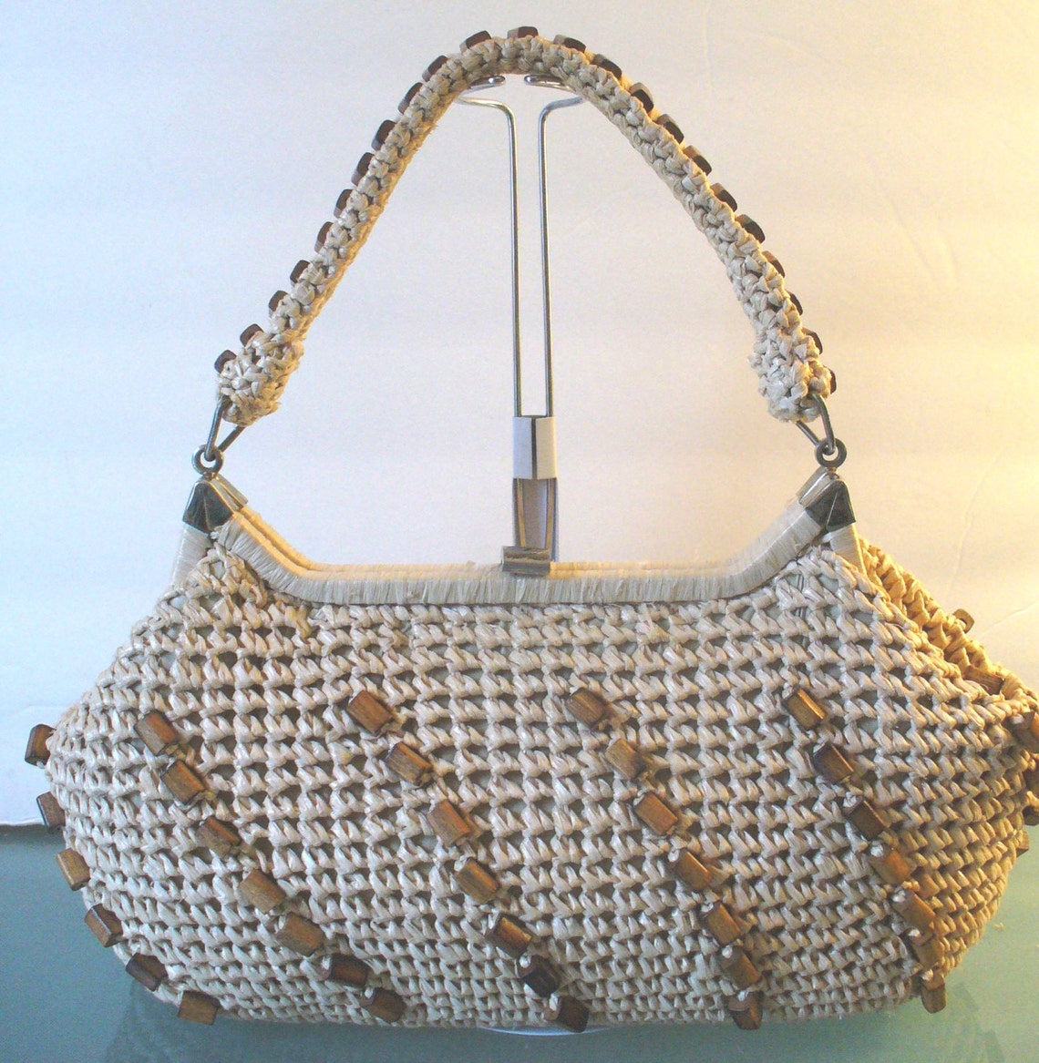 Vintage Raffia Handbag With Wood Bead Detail | Etsy