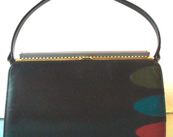 Vintage Black Leather Handbag With Palette Color Detailing