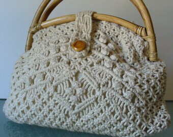Vintage Macrame Bag With Wood Bead And Bamboo Handles