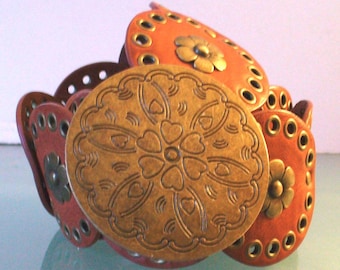 Vintage Leather Boho Hippie With Etched Brass Buckle Belt