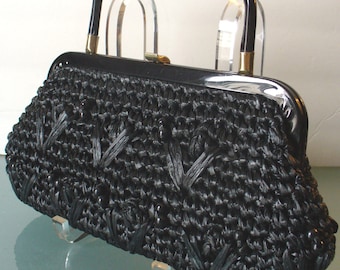 Vintage Black Raffia Clutch With Wooden Bead Accents & Optional Handle