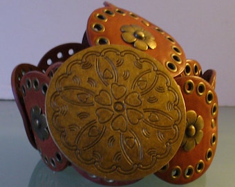 Vintage Leather Boho Hippie With Etched Brass Buckle Belt