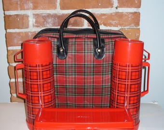 Vintage Alladin Made in Hong Kong Plaid Canvas Picnic Tote Bag With Thermos
