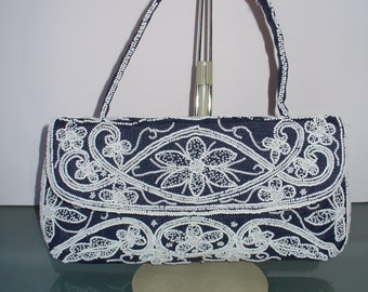 Vintage Made in France H A & E Smith LTD Bermuda Beaded  Linen Clutch