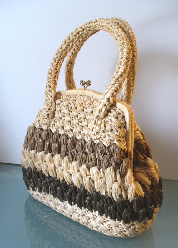 Vintage Raffia Handbag Brown & Natural | Etsy
