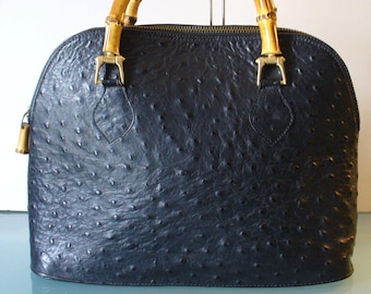Vintage Ostrich Handbag With Bamboo Handle